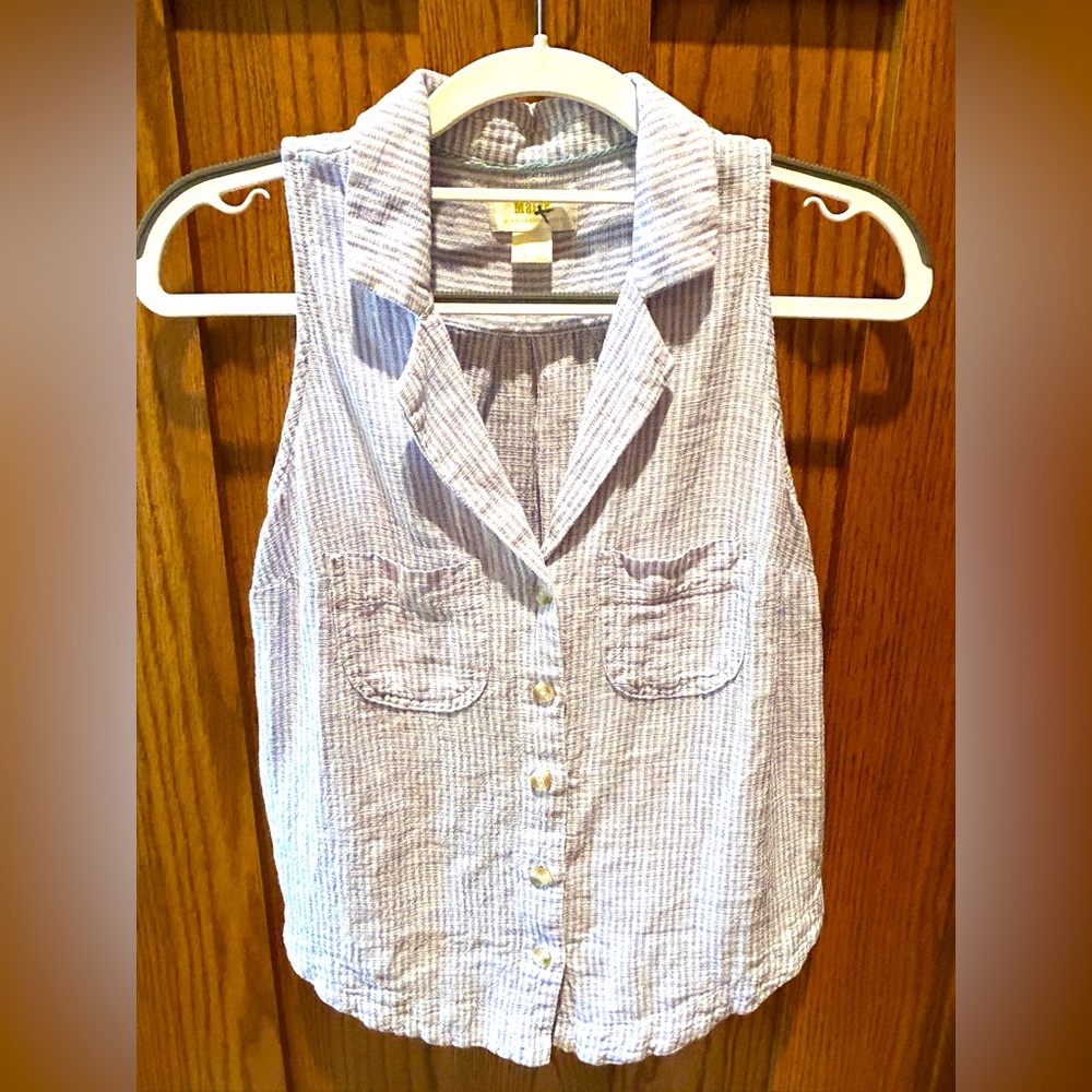 Women's Maeve Sleeveless Linen Blouse Blue and White Stripe Anthropologie